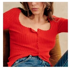Sezane Ambroise Sweater Medium Cardigan Button Long Sleeve Pointelle Top In Red